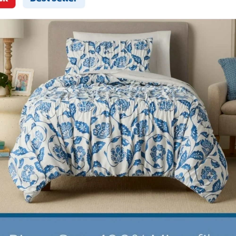 Floral Blue and White Comforter Set With Shan Size Twin XL 66×90 Standard Sham